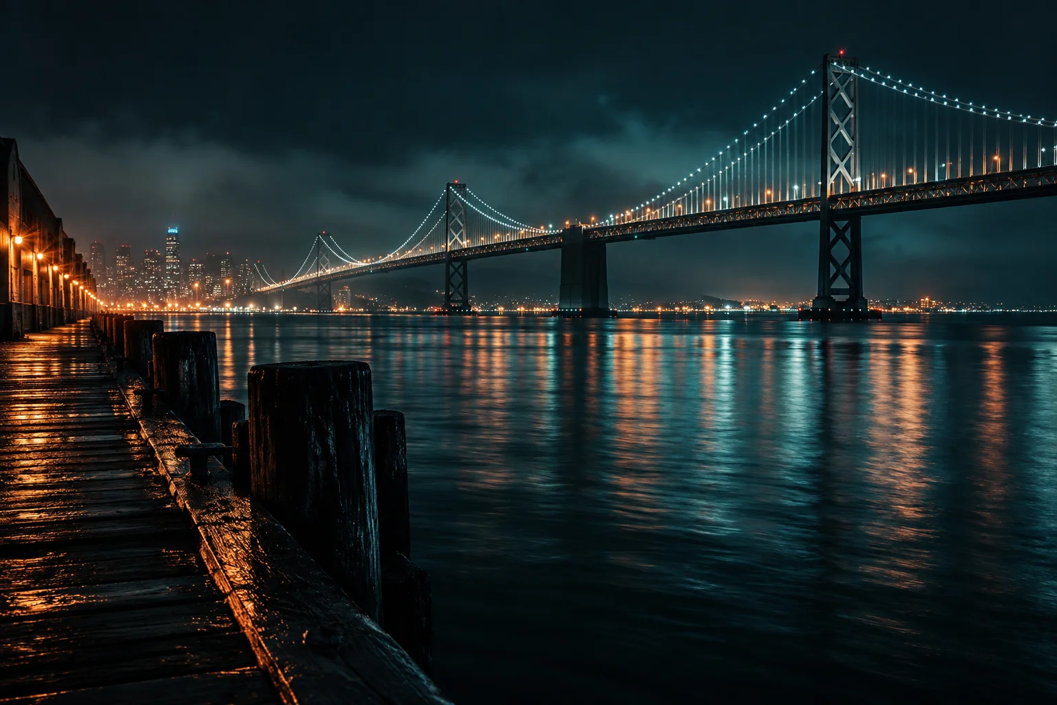 Quiet bay water beside a pier, reflecting the distant lights of the Bay Bridge.
