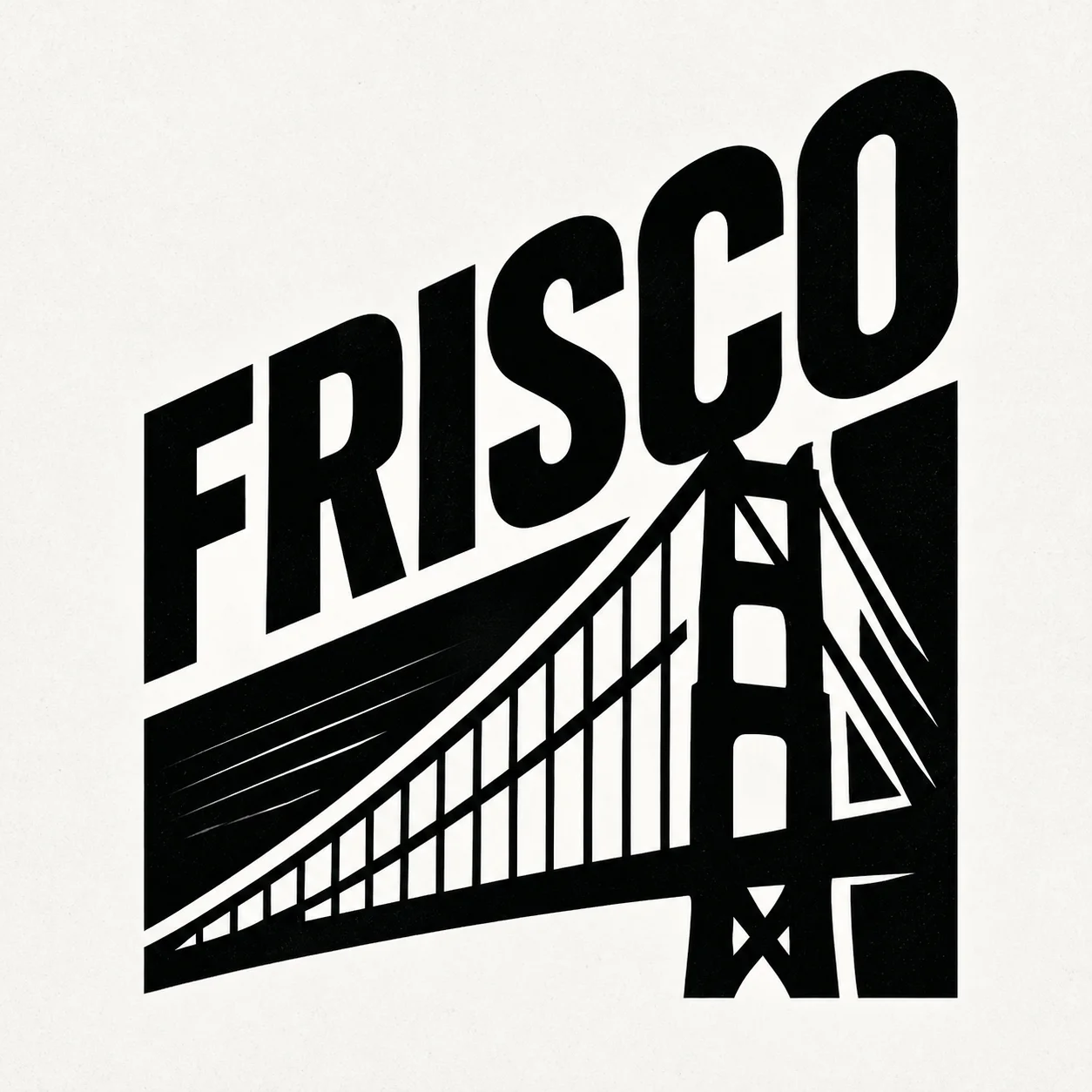 FRISCO in bold, rising black lettering above a graphic of the Golden Gate Bridge.