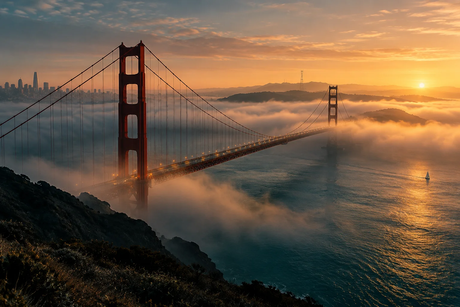 An artistic view of the Golden Gate Bridge emerging from warm gold fog at first light.