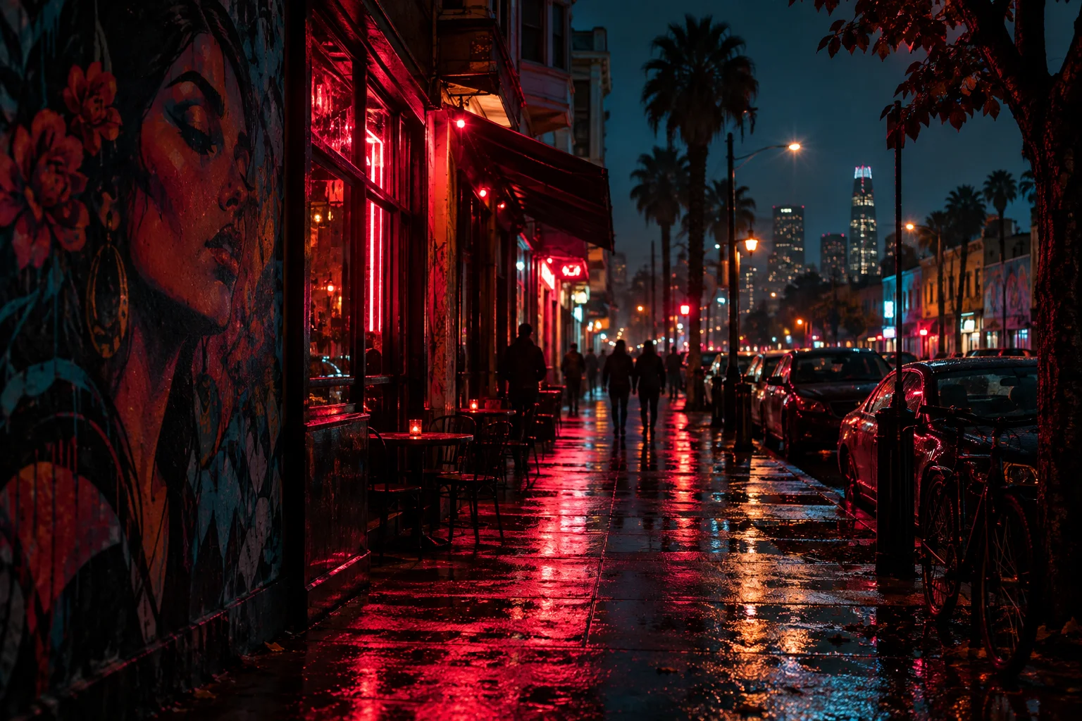 A cinematic Mission street glowing with neon, mural colors, and reflections on wet pavement.