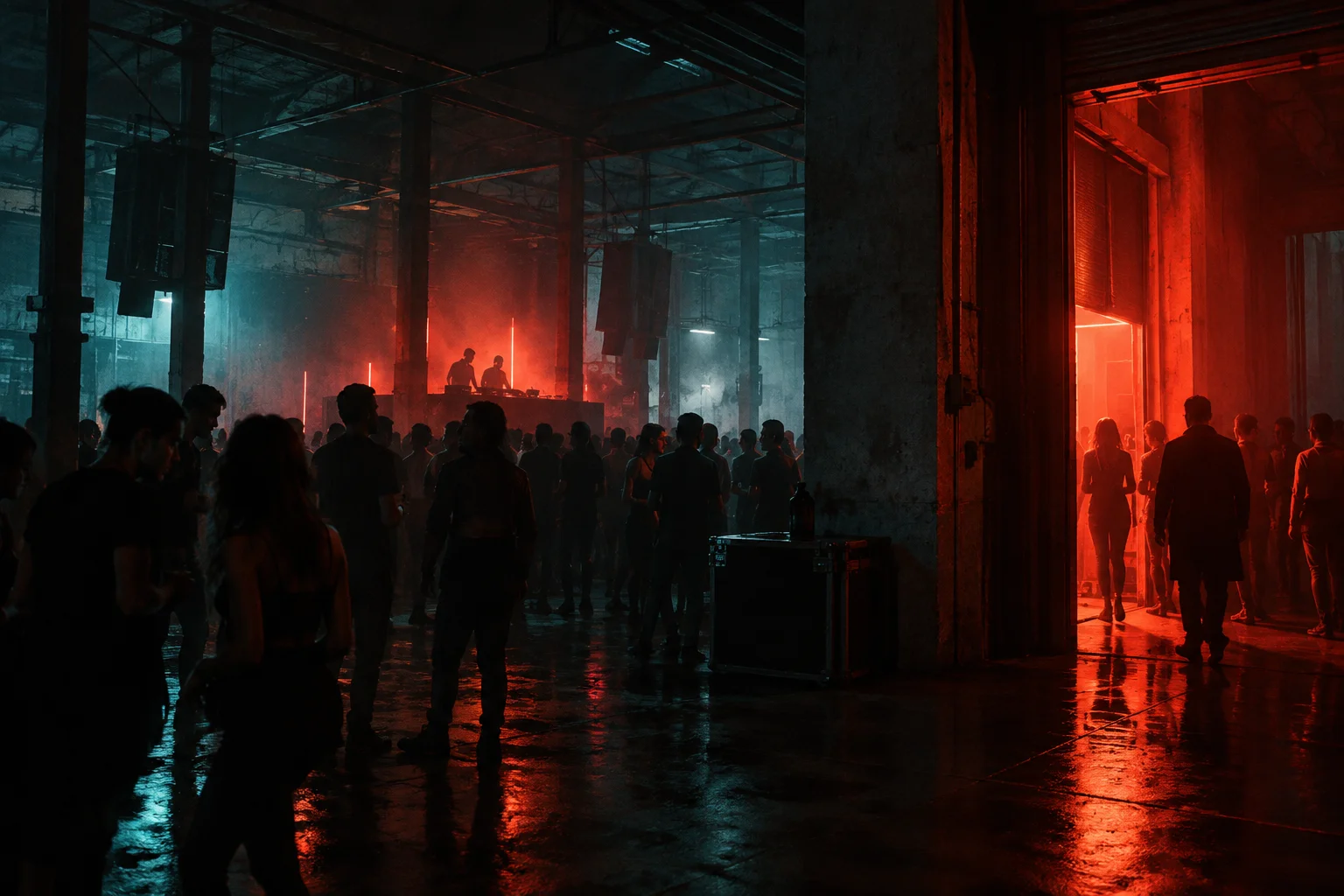 An imagined SoMa warehouse with deep shadows, hazy red light, and an open doorway.