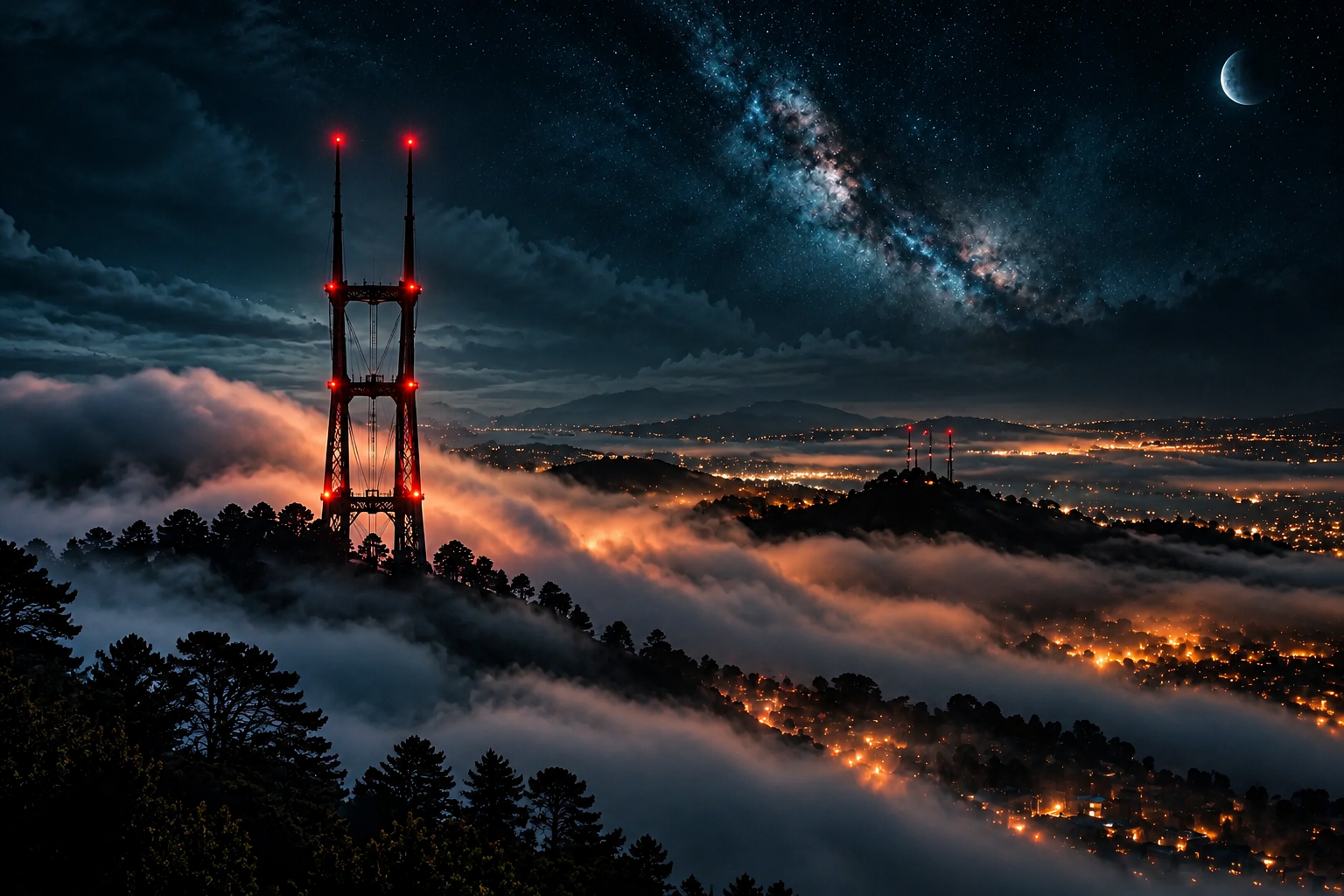 Sutro Tower imagined as a distant silhouette, its red lights glowing through blue-black fog.
