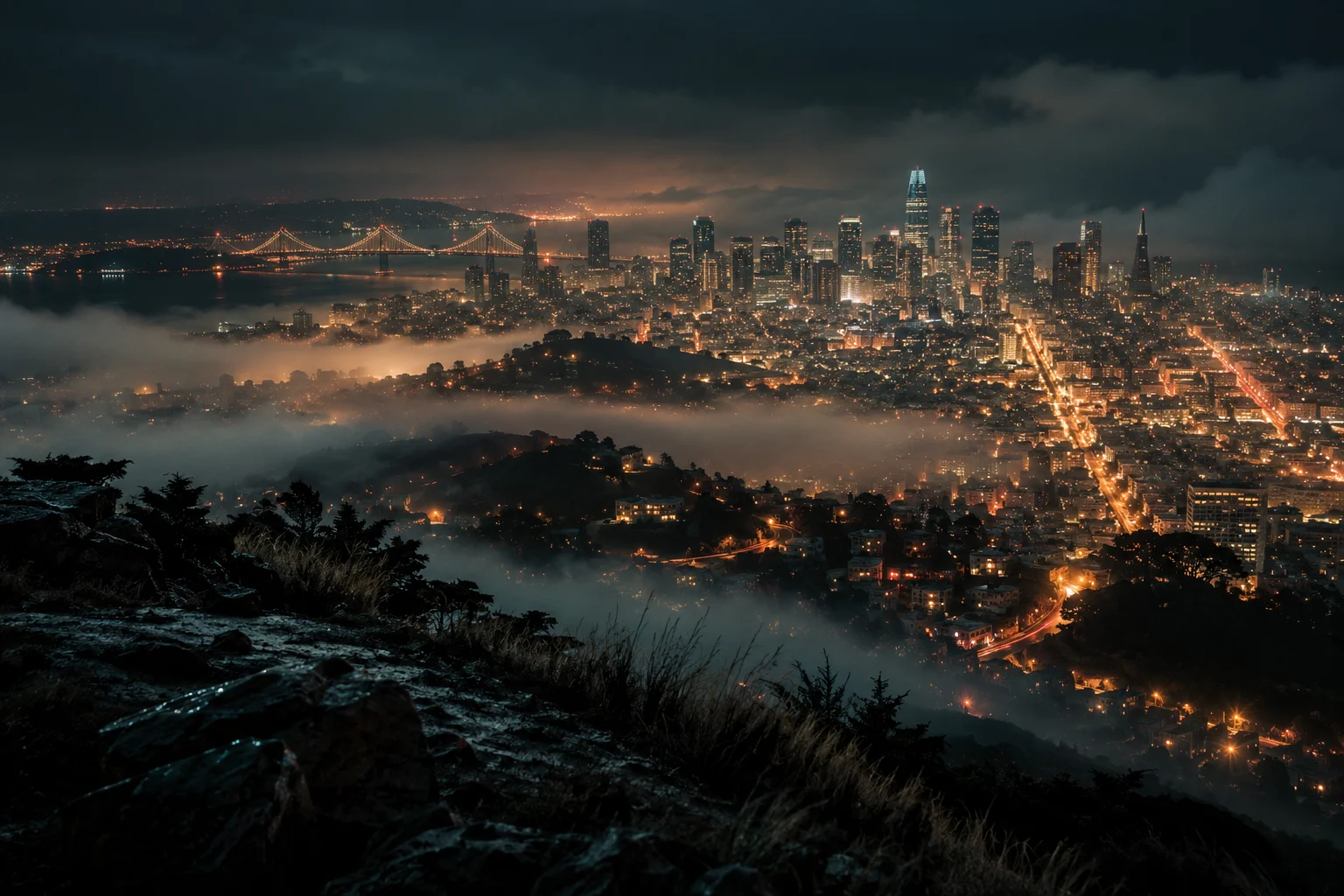 An imagined midnight view across San Francisco from a dark, fog-swept hilltop.
